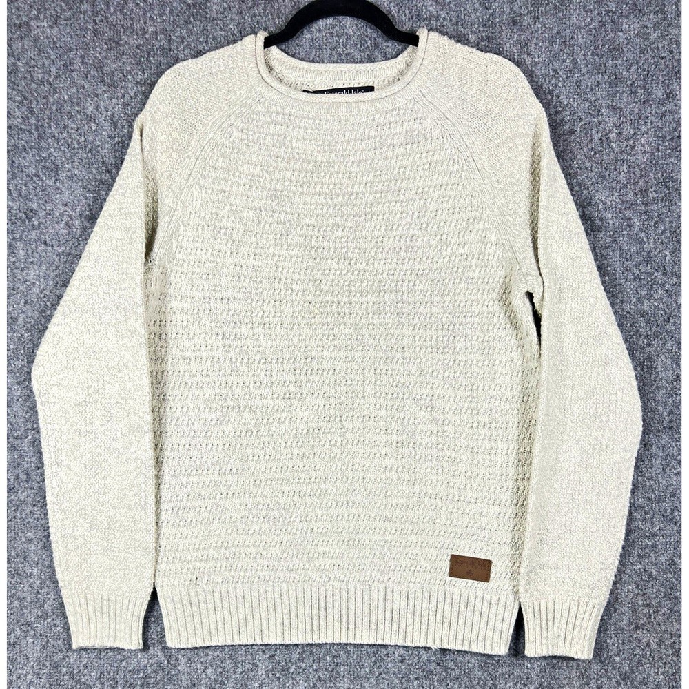 Emerald Isle Men's M Beige Wool Blend Knit Crew Neck Pullover Sweater Logo